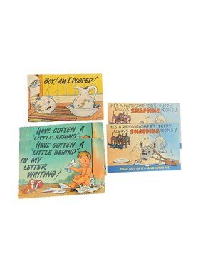 5 Vintage Postcards Boy Am I Pooped Little Behind in Writing Snapping Dog READ